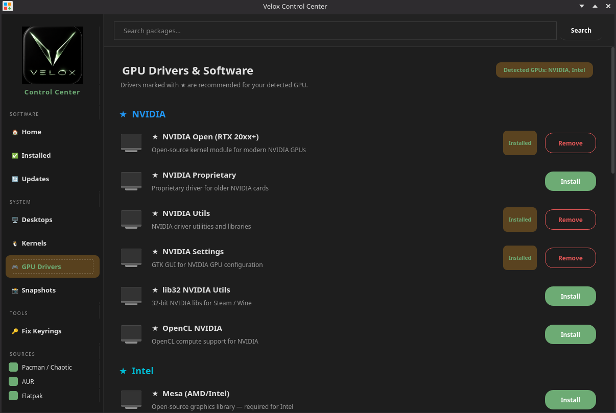 Velox Control Center GPU Drivers